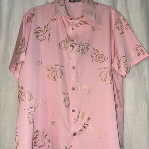 ZeroYaa Men's Pink and Gold Floral Button Down Shirt